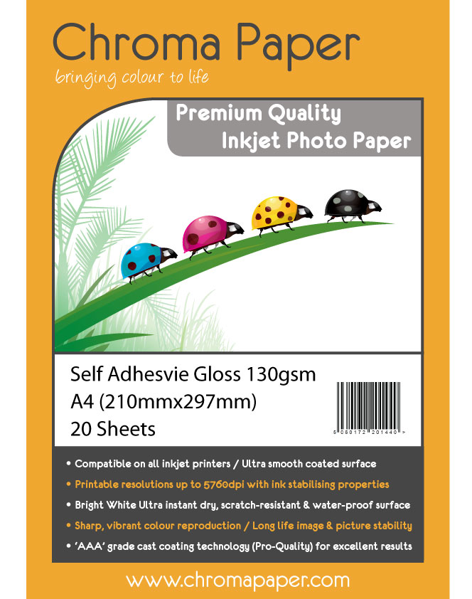 Chroma Premium A4 130gsm SelfAdhesive High Gloss Photo Paper (25 Pack